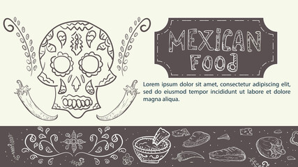 Wall Mural - illustration a hand drawn sketch for a design on the theme of Mexican food a painted skull and hot chili pepper