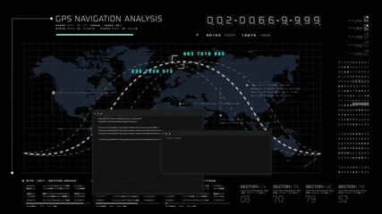 Poster - Futuristic global satellite GPS communication networks for broadband internet connections between cities around the world with matrix particles continent map for head up display background