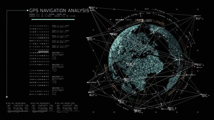 Poster - Futuristic global satellite GPS communication networks for broadband internet connections between cities around the world with matrix particles continent map for head up display background