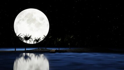 full moon night clear sky full of stars in the sky. sea waves or ocean there is a reflection of the 
