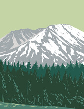 WPA Poster Art Of Mt. Saint Helens In Mount St. Helens National Volcanic Monument Located In Gifford Pinchot National Forest, Washington State United States Done In Works Project Administration Style.