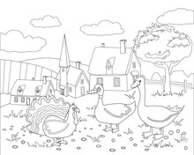 Farm Animals Coloring Book Educational Illustration For Children. Cute Turkey, Duck, Goose, Rural Landscape Colouring Page. Vector Black White Outline Cartoon Characters