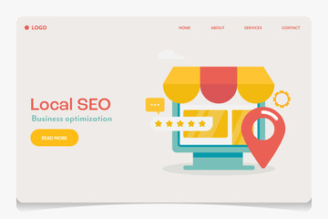 Wall Mural - Local seo business optimization, local store map point visible on search engine page, geo tagging search optimization, ecommerce advertising concept. Web banner landing page template.