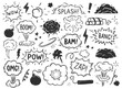 Hand drawn explosion, bomb element. Comic doodle sketch style. Explosion speech bubble with pow, boom, omg text. Vector illustration.