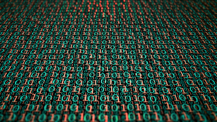 Binary code, digital data field, information flow. 3d illustration of ones and zeros, tech background