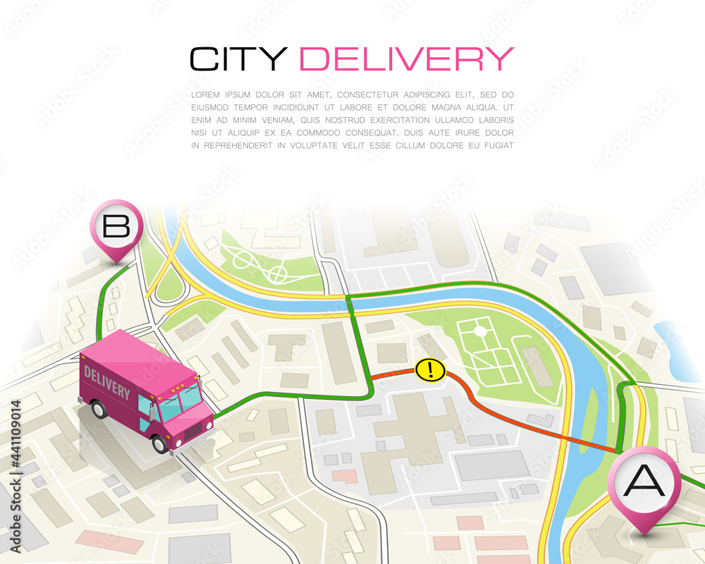 Delivery navigation route, City map point marker isometric delivery van ...