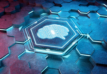 Aufkleber - Brain icon concept engraved on metal hexagonal pedestral background. Artificial intelligence symbol glowing on abstract digital surface. 3d rendering