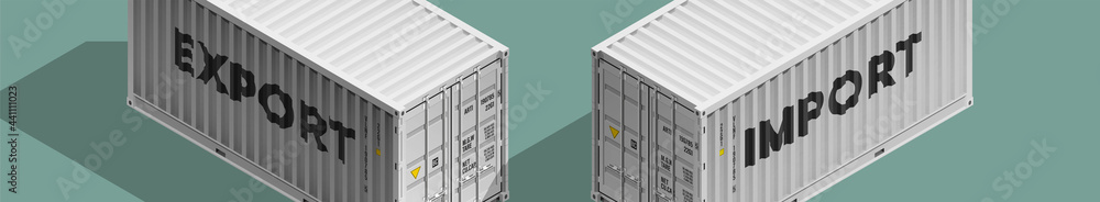 3D Isometric two 20 foot container delivery with EXPORT and IMPORT text. Large metal 20 ft containers for transportation shipping cargo. illustration - obrazy, fototapety, plakaty 