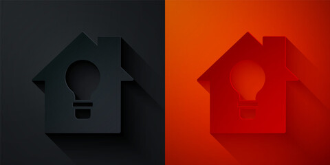 Poster - Paper cut Smart house and light bulb icon isolated on black and red background. Paper art style. Vector