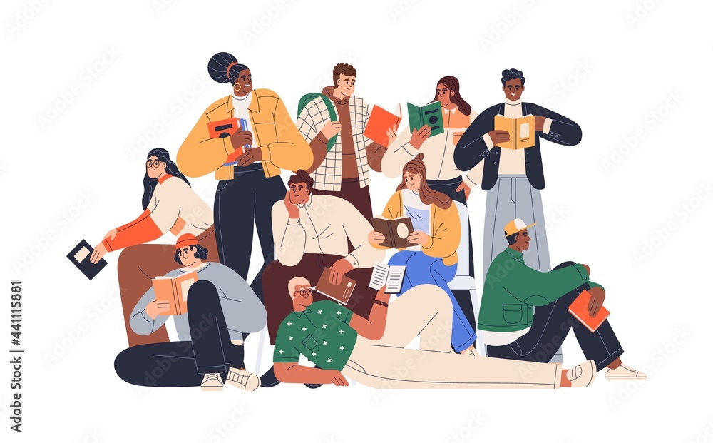 Young modern people reading books together. Crowd of readers. Group portrait of multiracial students with textbooks. Colored flat graphic vector illustration of bookworms isolated on white background - obrazy, fototapety, plakaty 