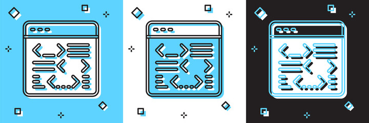 Set Software, web developer programming code icon isolated on blue and white, black background. Javascript computer script random parts of program code. Vector
