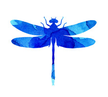 Watercolor Illustration Of A Blue Abstract Dragonfly With Paint Stripes. Cute Funny Insect Print. A Winged Insect With Large Eyes. Isolated Over White Background. Drawn By Hand.