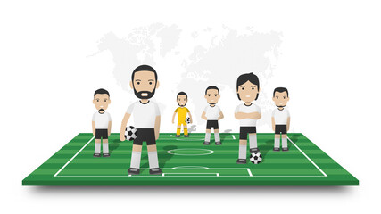 soccer players team stand on perspective football field . dotted world map on white isolated backgro