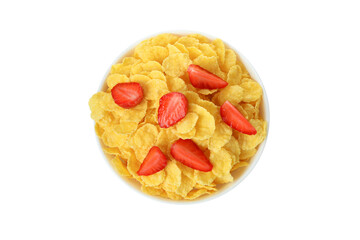 Wall Mural - Plate of corn flakes and strawberry isolated on white background