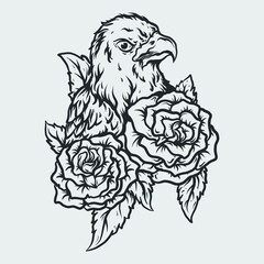 tattoo and t shirt design black and white hand drawn dragon with eagle with rose