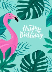 Naklejka na meble Happy Birthday hand lettering text. Cute vector illustration with tropic leaves for poster, greeting card, banner template.