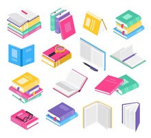 Isometric 3d Books. Open And Closed School Textbooks With Bookmarks, Book Stacks. Academic Literature, Education, Reading Elements Vector Set. Colorful Covers With Pen, Magnifying Glass