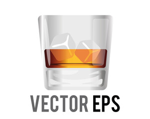 Wall Mural - Vector short flat tumbler glass of brown liquor Scotch whisky icon with ice cube