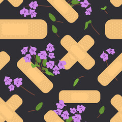 seamless pattern with sticking plasters and purple flowers. medical patch repeat texture. on black b