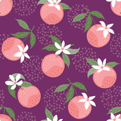 Wall Mural - Abstract seamless pattern with orange fruits, flowers and leaves. Vector illustration.