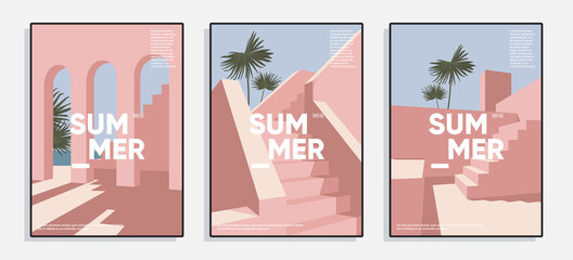 Wall Mural - Minimal geometric covers. Staircases, archs and flowers composition. 