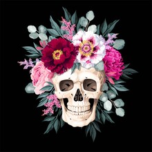 Vector Illustration With Human Skull And Flowers
