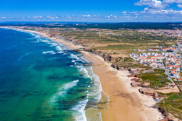 Wall Mural - Campismo beach and Dunas beach and Island Baleal near Peniche on the shore of the Atlantic ocean in west coast of Portugal. Beautiful Baleal beach at Baleal peninsula close to Peniche, Portugal.