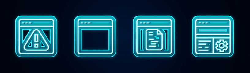 Set line Browser with exclamation mark, window, Software and Debugging. Glowing neon icon. Vector