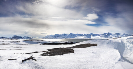 Wall Mural - panoramic view of the mountains, snow and fjords of svalbard