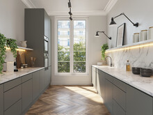 3d Render Of A Parisian Minimalist Kitchen With Grey Cabinets And White Marble Countertop And Wood Herringbone Wood Floor