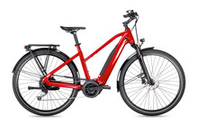 Red Modern Mid Drive Motor City Touring Or Trekking E Bike Pedelec With Electric Engine Middle Mount. Battery Powered Ebike Isolated White Background. Innovation Transportation Concept.