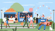 City market festival or holiday outdoor fair on town square or park vector illustration. Cartoon happy people walk together, man woman character buying coffee and pastries in stall or kiosk background