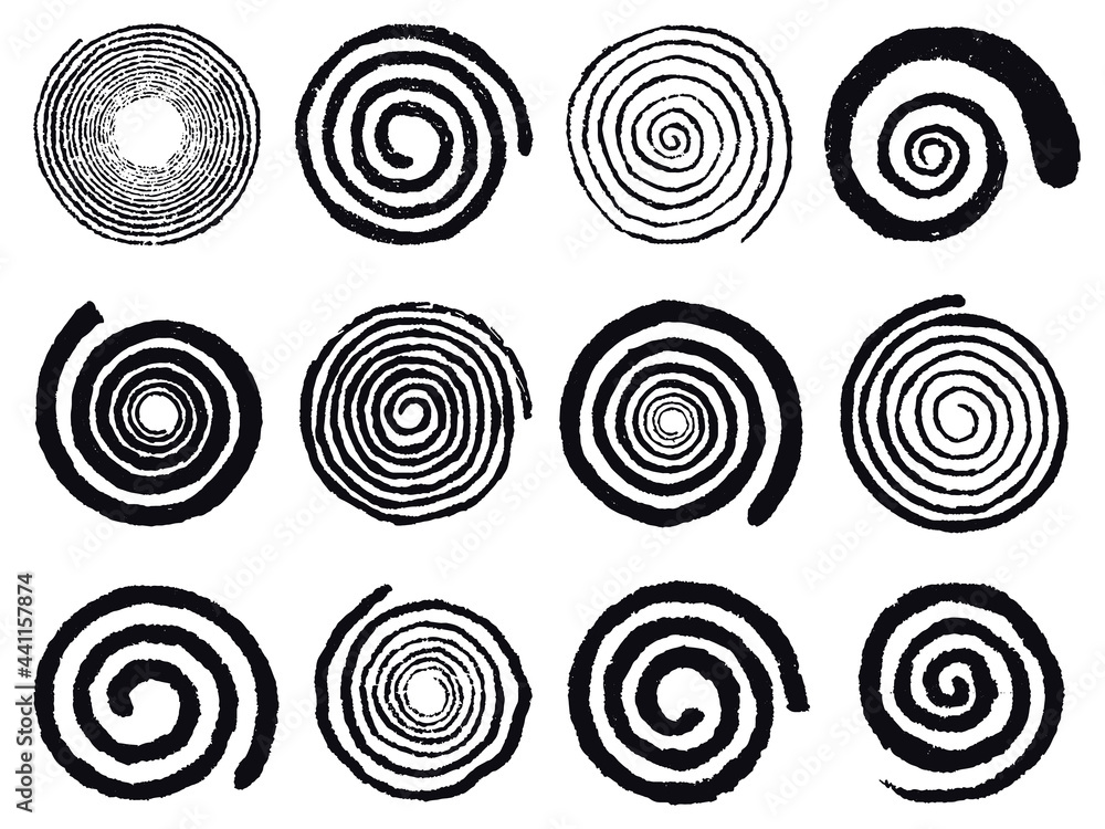 Grunge spirals. Swirling abstract simple rotating spirals, black ink spiral circles isolated vector illustration set. Vortex swirl elements - obrazy, fototapety, plakaty 