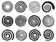 Grunge spirals. Swirling abstract simple rotating spirals, black ink spiral circles isolated vector illustration set. Vortex swirl elements