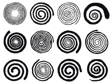 Grunge Spirals. Swirling Abstract Simple Rotating Spirals, Black Ink Spiral Circles Isolated Vector Illustration Set. Vortex Swirl Elements