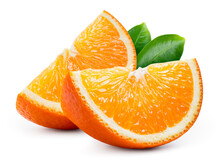 Orange Slice Isolate. Orange Fruit Slices With Leaves On White Background. Orang With Clipping Path. Full Depth Of Field.