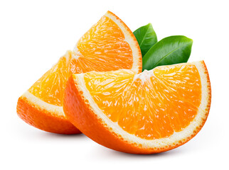 orange slice isolate. orange fruit slices with leaves on white background. orang with clipping path.