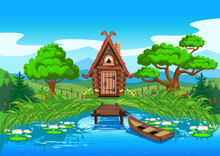 Fairy Tale House Made Of Logs On The Shore Of A Beautiful Lake. A Pier And A Boat Not Far From The House. Vector Illustration In Cartoon Style.