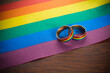 Love wins concept with a multicolored wedding rings. Equality and love protection