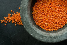 Red Lentils In A Bowl Made Of Stone