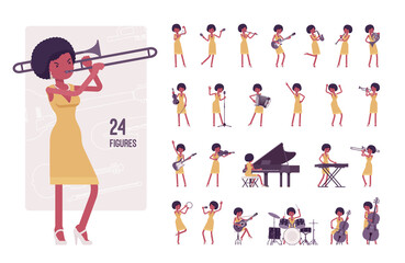 Wall Mural - Musician, jazz woman playing musical instruments, character set, pose sequences. Synthesizer, grand piano, guitar, double bass, drum, violin. Full length, different views, gestures, emotions, position