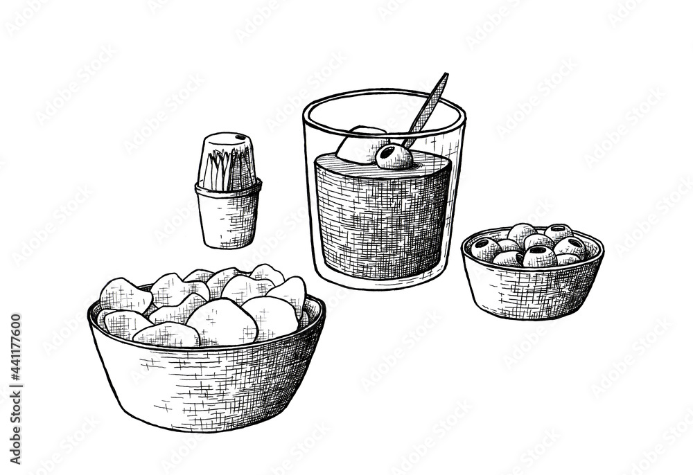Aperitivo típico español: vermut, patatas chips y olivas. Hora del vermut. Ilustración a tinta - obrazy, fototapety, plakaty 