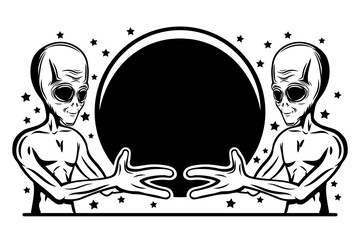 Wall Mural - Extraterrestrial aliens holding a planet in their hands on a white background. 