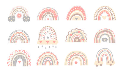 Boho cute rainbow vector in pastel colors. Baby absract rainbows