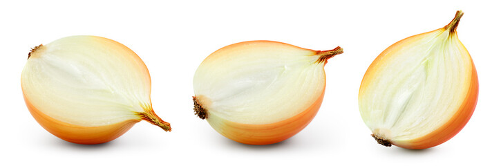 Wall Mural - Cut onion bulb isolated. Golden onion half on white background. Onion half collection. Full depth of field.
