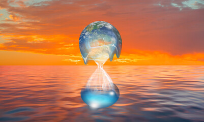 Poster - Global warming concept - Planet Earth on hourglass is slowly melting with The whole earth is covered with seas - Hourglass inside glass globe 