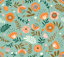 Vintage Floral Background. Seamless Vector Pattern For Design And Fashion Prints. Flowers Pattern With Small Orange And Pink Flowers On A Green Gray Background. Ditsy Style. Stock.