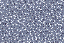 Beautiful Floral Pattern In Small Abstract Flowers. Small White Flowers. Blue Gray Background. Ditsy Print. Floral Seamless Background. The Elegant The Template For Fashion Prints. Stock Pattern.
