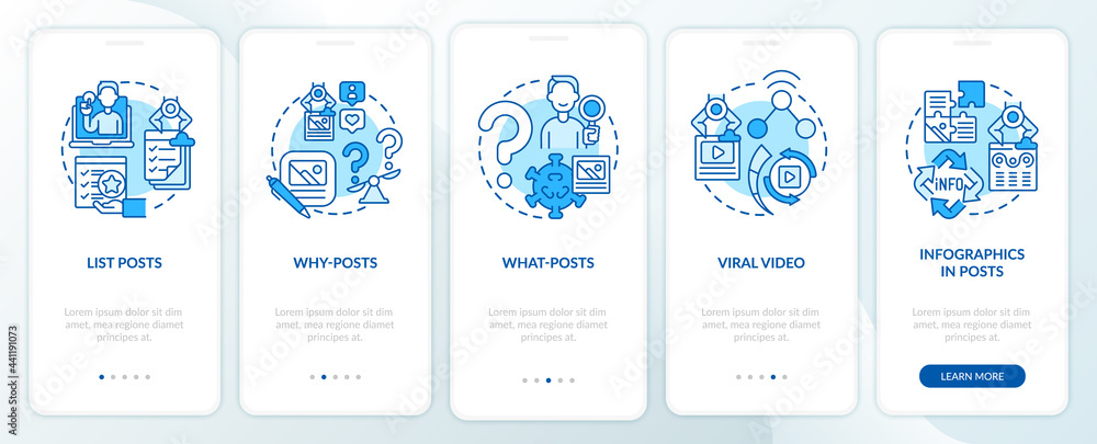 Top buzzworthy posts types onboarding mobile app page screen. Lists, what-posts walkthrough 5 steps graphic instructions with concepts. UI, UX, GUI vector template with linear color illustrations - obrazy, fototapety, plakaty 