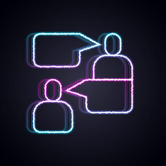 Glowing neon line Two sitting men talking icon isolated on black background. Speech bubble chat. Message icon. Communication or comment chat symbol. Vector